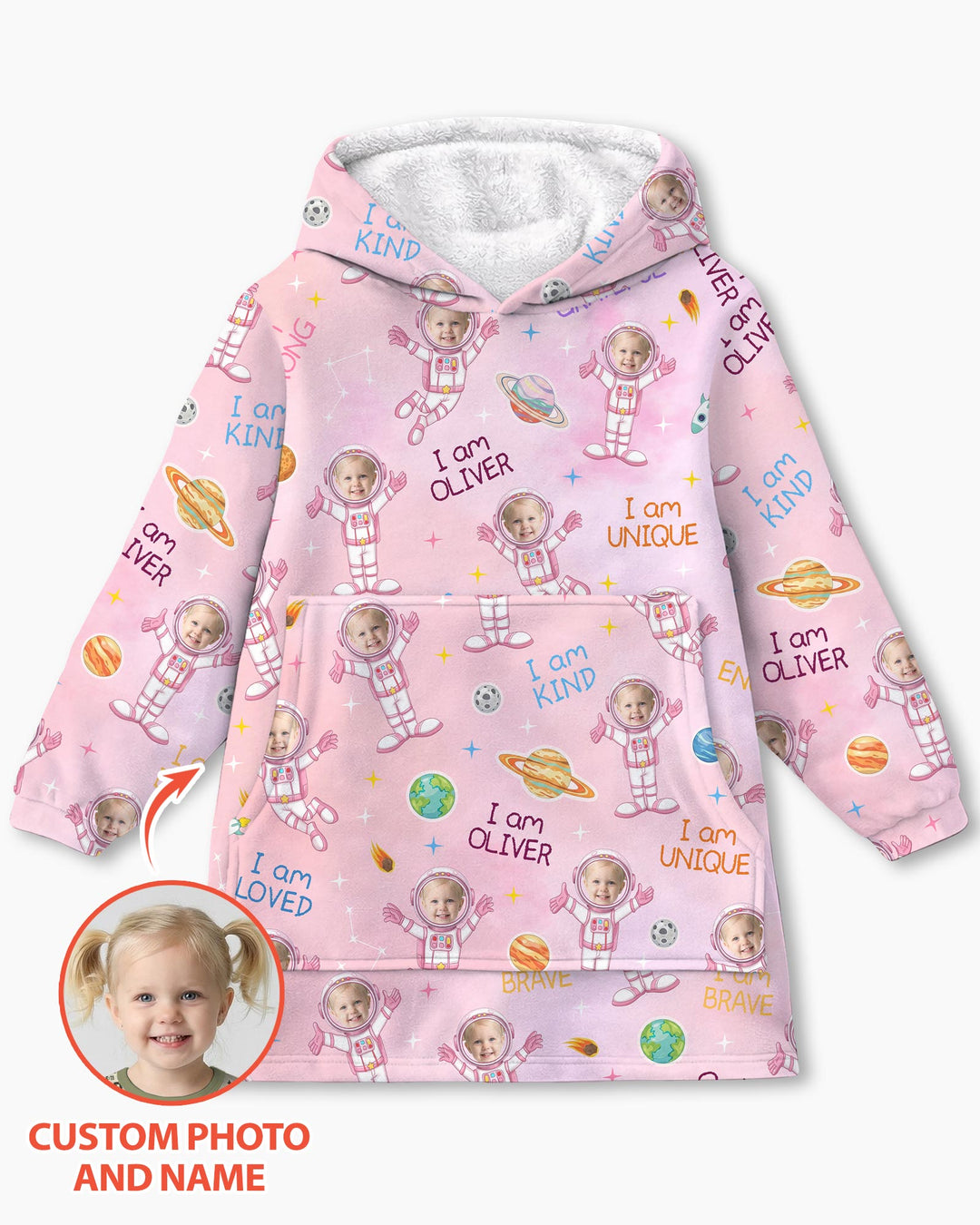 Custom Photo Kid Affirmations I Am Kind Astronaut Bamboo Blanket Hoodie