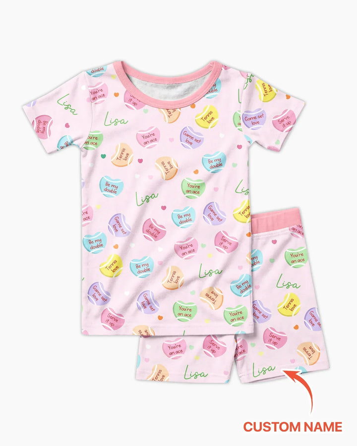 Custom Name Tennis Candy Hearts Bamboo Two Piece Short Sleeve Shorts Pajama Set