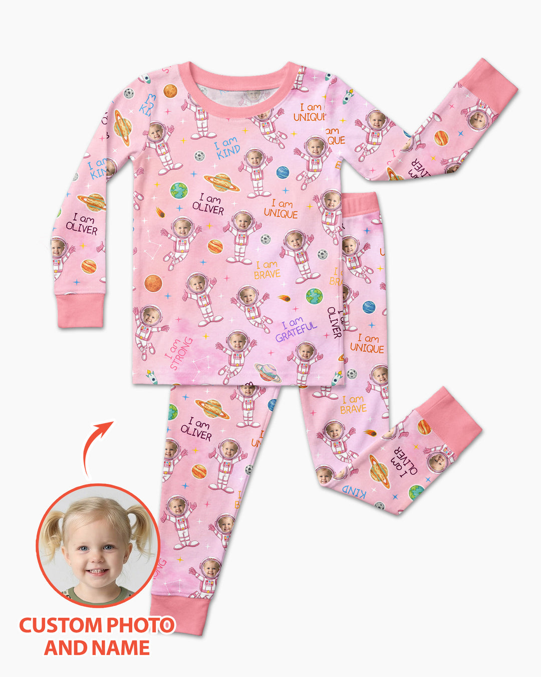 Custom Photo Kid Affirmations I Am Kind Astronaut Bamboo Two Piece Long Sleeve Pajama Set
