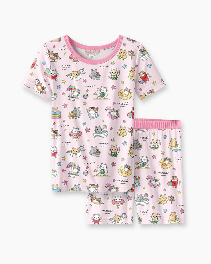 Kawaii Cats Summer Vacation Bamboo Two Piece Short Sleeve Shorts Pajama Set