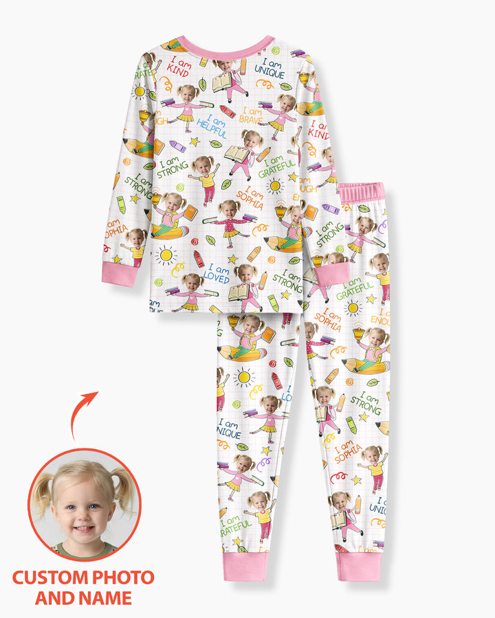 Custom Photo Kid Affirmations I Am Kind Bamboo Two Piece Long Sleeve Pajama Set