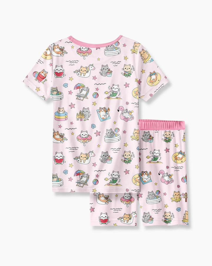 Kawaii Cats Summer Vacation Bamboo Two Piece Short Sleeve Shorts Pajama Set