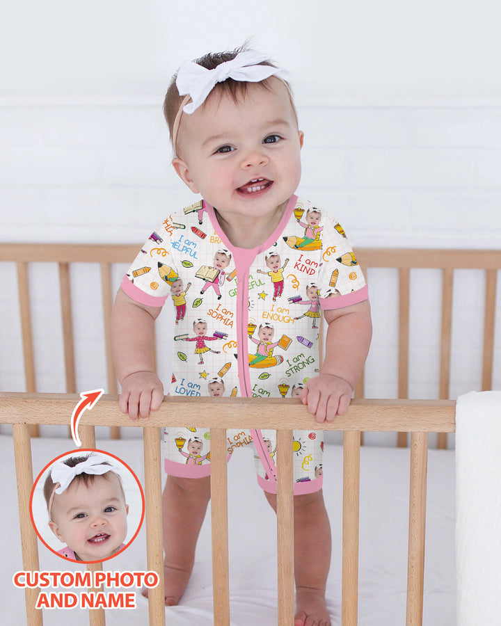 Custom Photo Kid Affirmations I Am Kind Bamboo Shorty Zippy