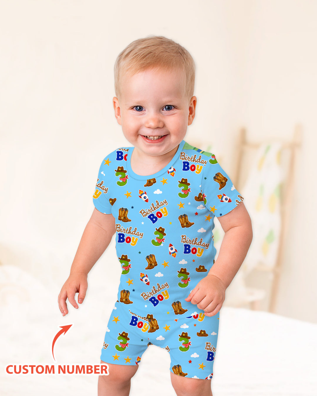 Custom Birthday Western Boy Bamboo Two Piece Short Sleeve Shorts Pajama Set
