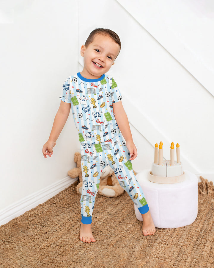 Striped Soccer Game Day Family Matching Bamboo Two Piece Short Sleeve Pajama Set