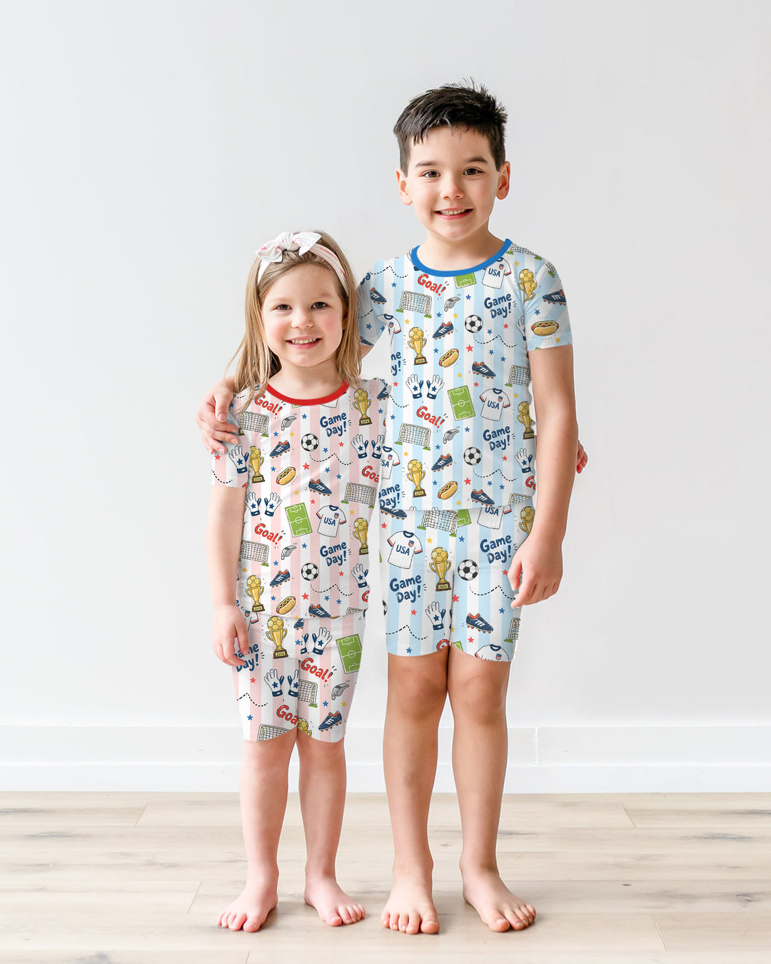 Striped Soccer Game Day Family Matching Bamboo Two Piece Short Sleeve Shorts Pajama Set
