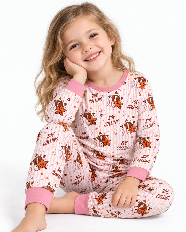 Sport Balls Custom Name Bamboo Two Piece Long Sleeve Pajama Set