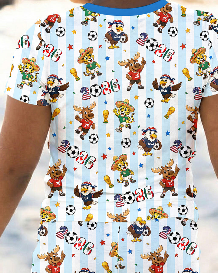 Striped Cute Mascots Soccer Cup 2026 Bamboo Two Piece Short Sleeve Pajama Set