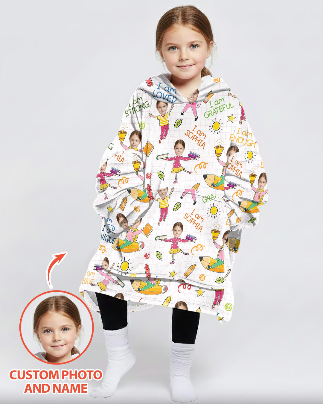Custom Photo Kid Affirmations I Am Kind Bamboo Blanket Hoodie