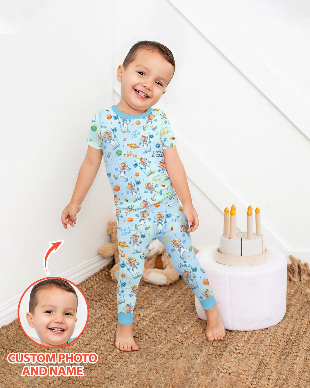 Custom Photo Kid Affirmations I Am Kind Astronaut Bamboo Two Piece Short Sleeve Shorts Pajama Set