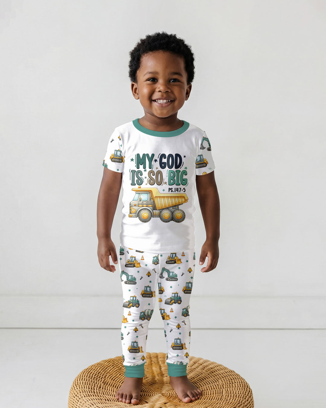 Construction Vehicles My God Is So Big Bamboo Two Piece Short Sleeve Pajama Set