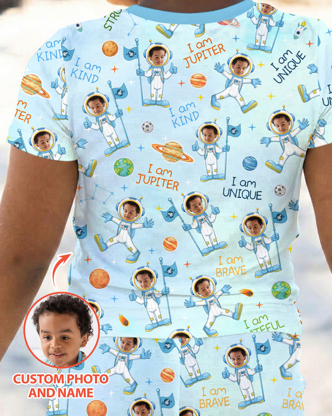 Custom Photo Kid Affirmations I Am Kind Astronaut Bamboo Two Piece Short Sleeve Shorts Pajama Set