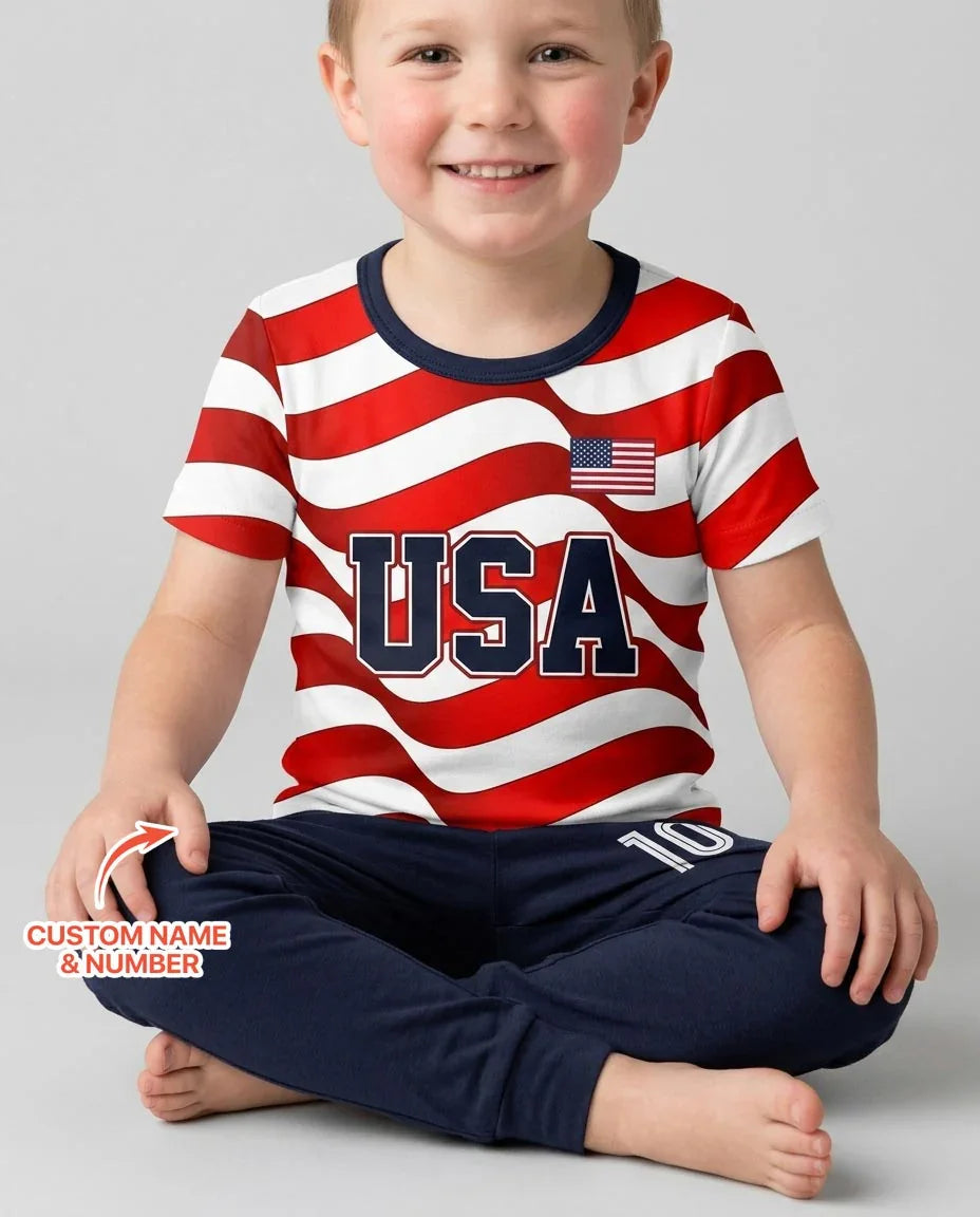 Custom Name USA Spirit Bamboo Two Piece Short Sleeve Pajama Set