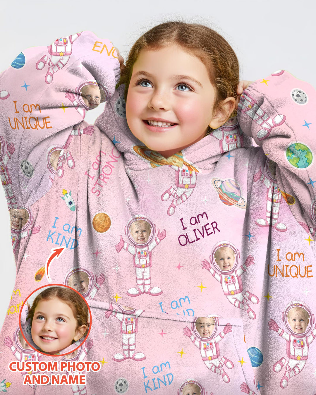 Custom Photo Kid Affirmations I Am Kind Astronaut Bamboo Blanket Hoodie