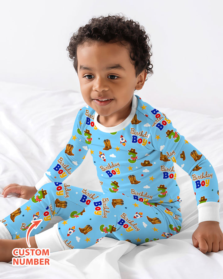 Custom Birthday Western Boy Bamboo Two Piece Long Sleeve Pajama Set