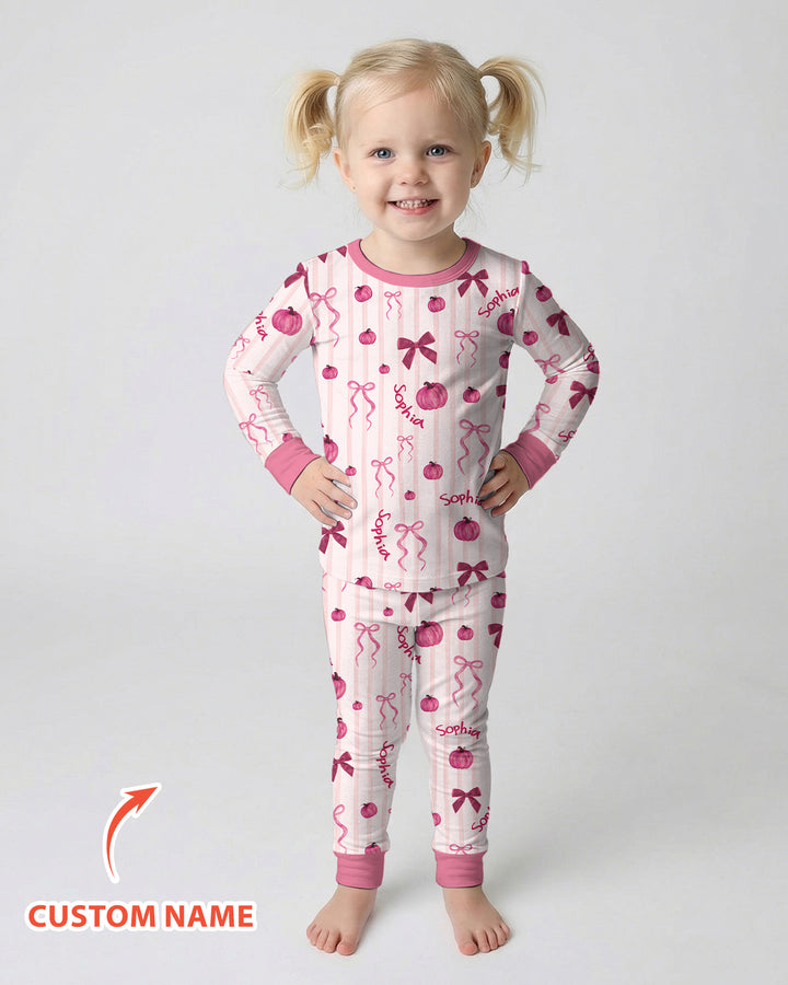 Custom Name Coquette Pumpkin Bow Fall Bamboo Two Piece Long Sleeve Pajama Set