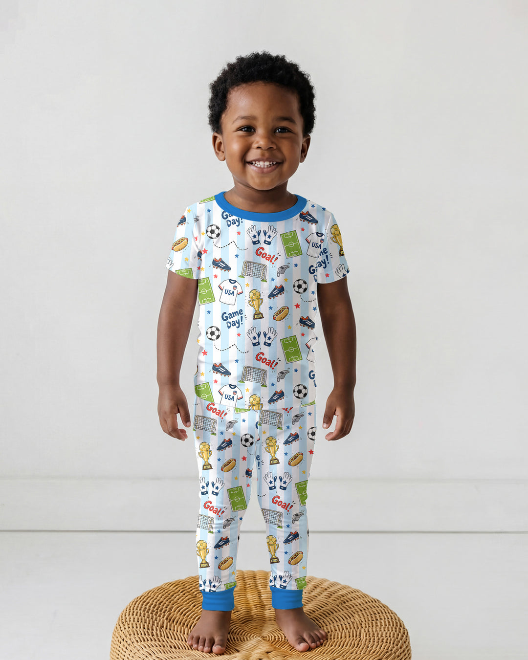 Striped Soccer Game Day Family Matching Bamboo Two Piece Short Sleeve Pajama Set
