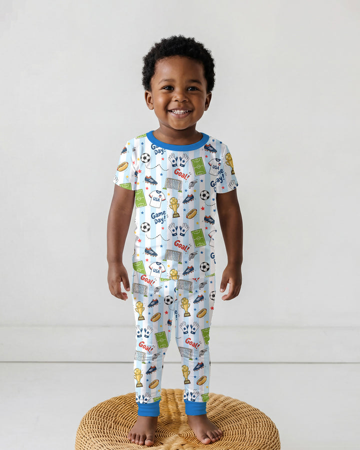 Striped Soccer Game Day Family Matching Bamboo Two Piece Short Sleeve Pajama Set