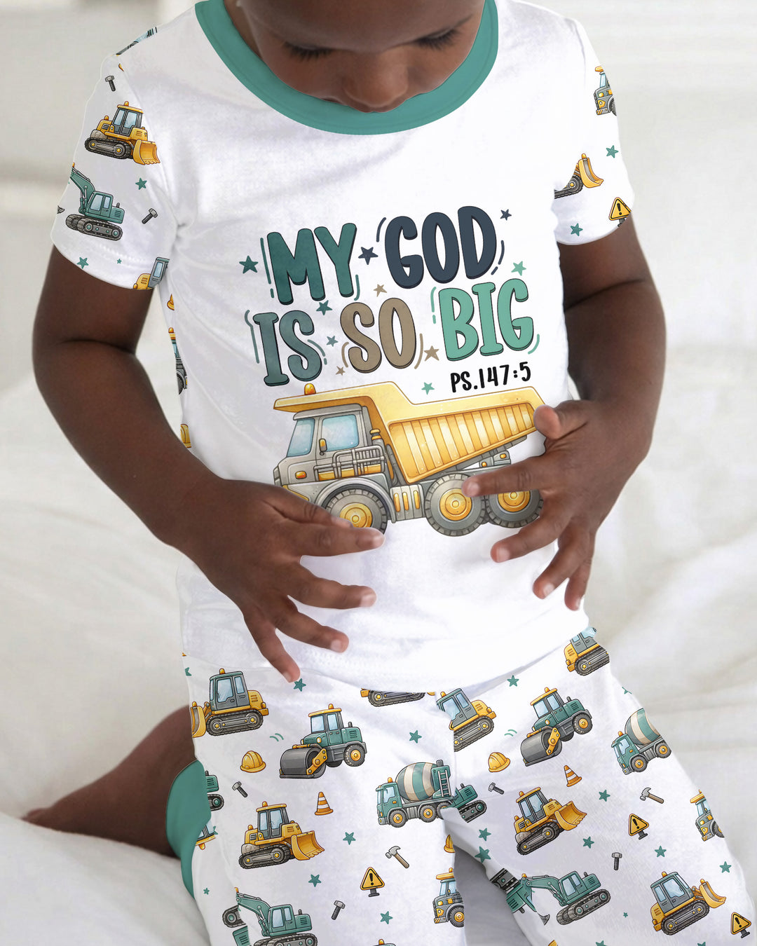 Construction Vehicles My God Is So Big Bamboo Two Piece Short Sleeve Pajama Set