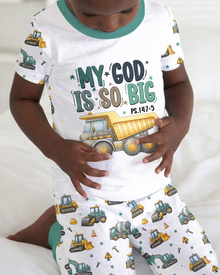 Construction Vehicles My God Is So Big Bamboo Two Piece Short Sleeve Pajama Set
