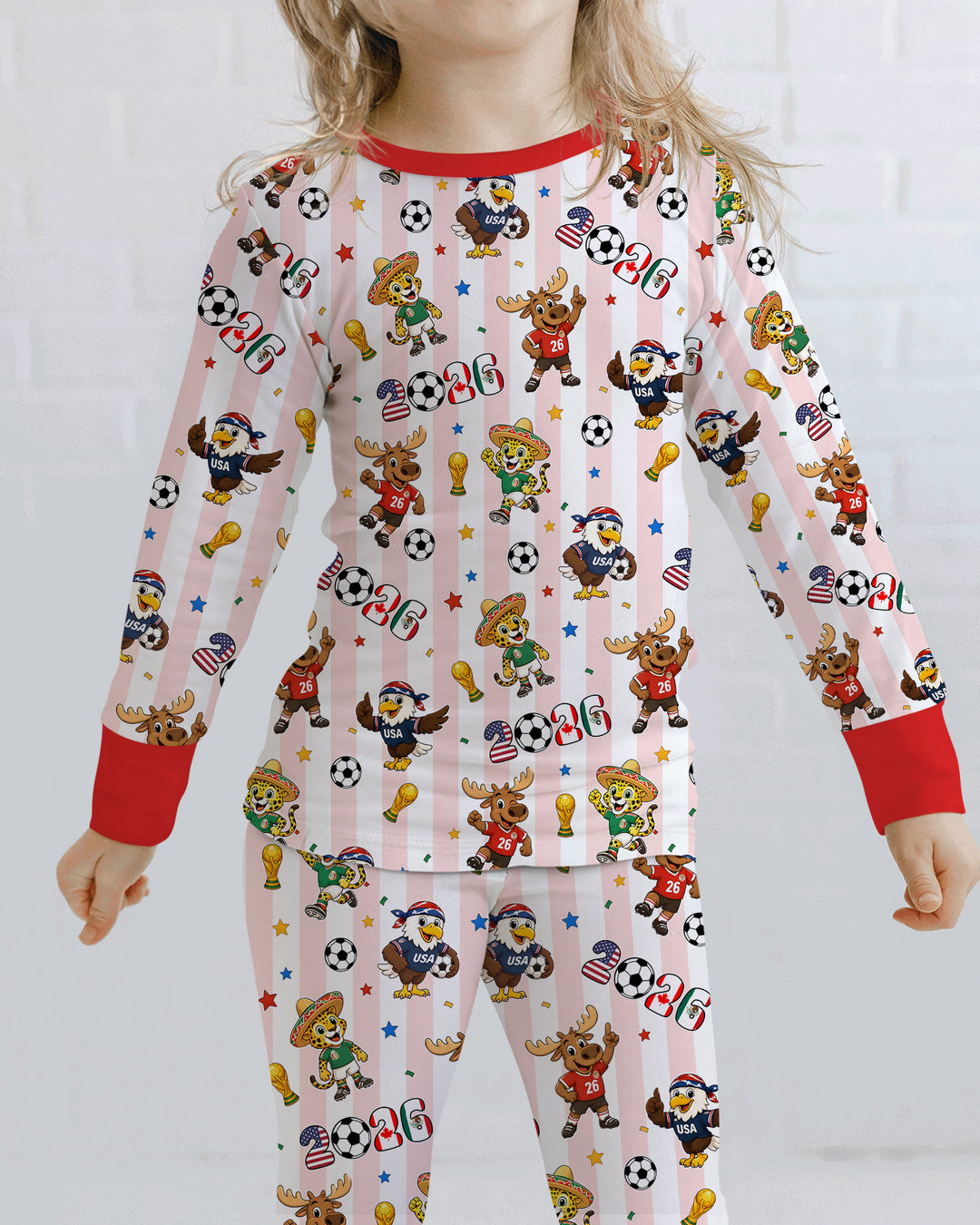 Striped Cute Mascots Soccer Cup 2026 Bamboo Two Piece Long Sleeve Pajama Set