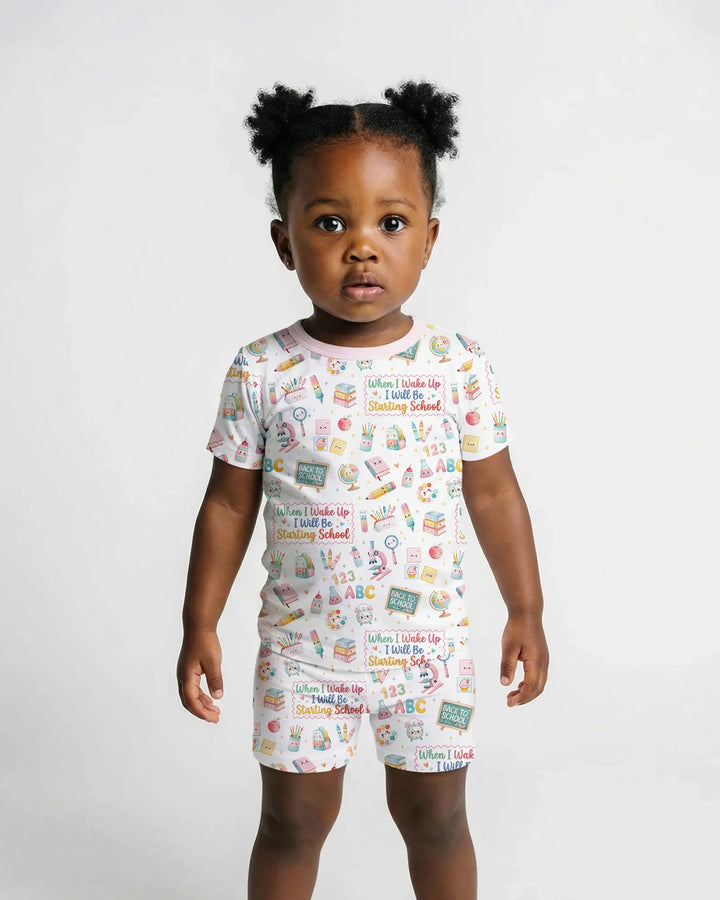 When I Wake Up I Will Be Starting School Bamboo Two Piece Short Sleeve Shorts Pajama Set