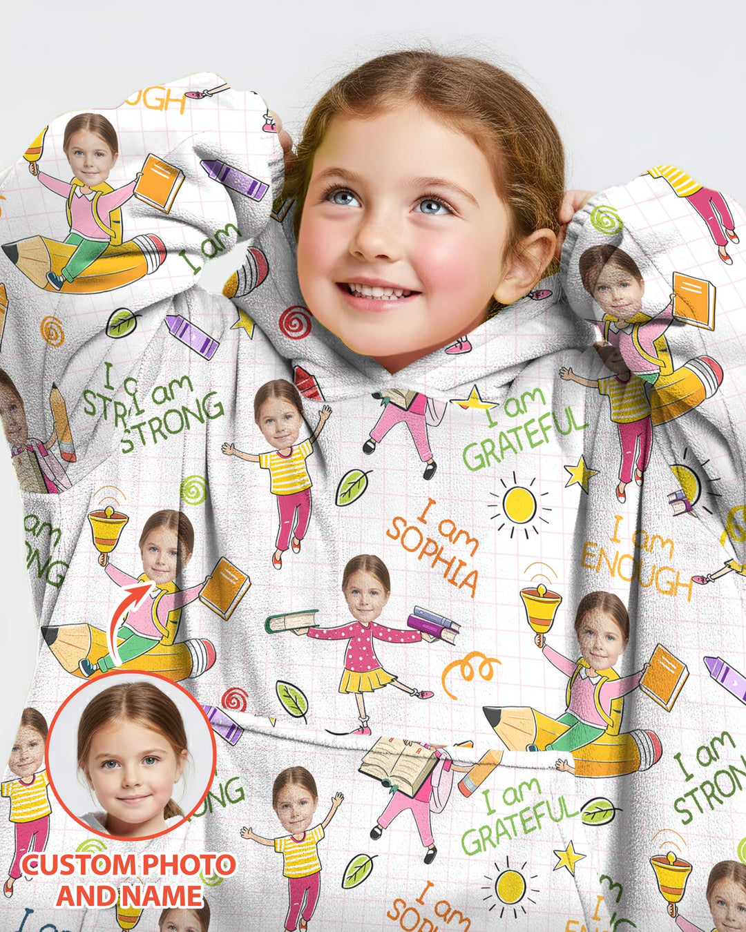 Custom Photo Kid Affirmations I Am Kind Bamboo Blanket Hoodie