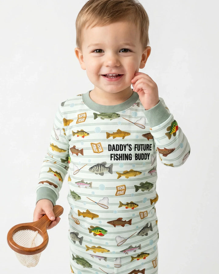 Embroidered Fishing Dad And Me Matching Bamboo Two Piece Long Sleeve Pajama Set