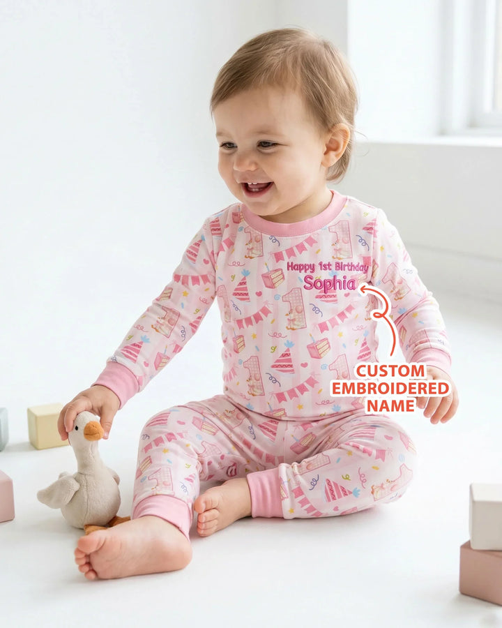 1st Birthday Girl Embroidered Baby Bamboo Two Piece Long Sleeve Pajama Set