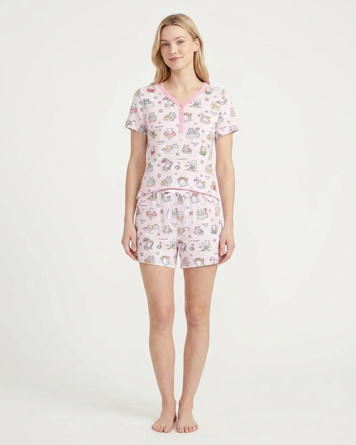 Kawaii Cats Summer Vacation Bamboo Women Short Sleeve Short Pajama Set