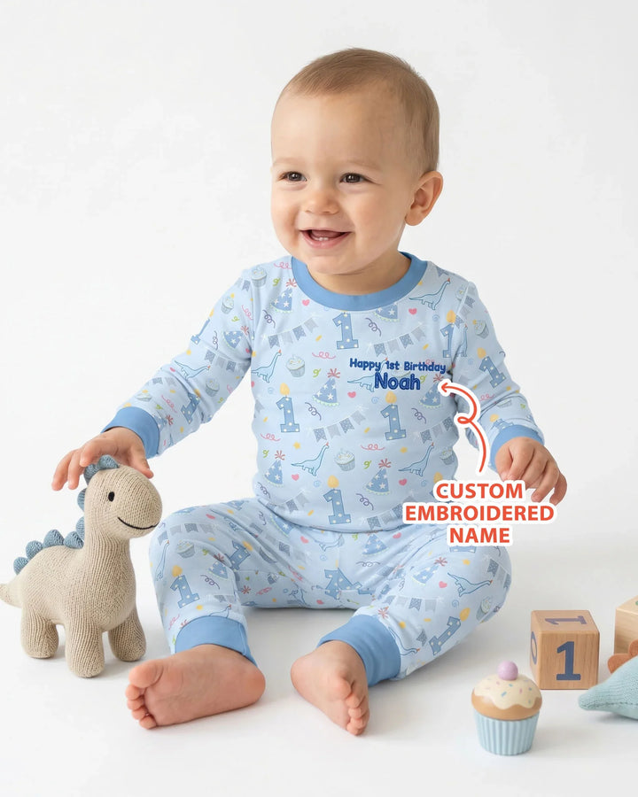 Personalized 1st Birthday Boy Embroidered Baby Bamboo Two Piece Long Sleeve Pajama Set