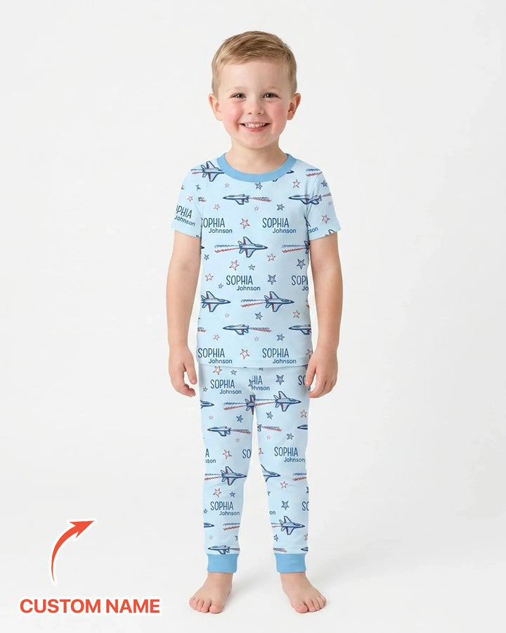 Patriotic American Flag Jet Fighter Bamboo Two Piece Short Sleeve Pajama Set