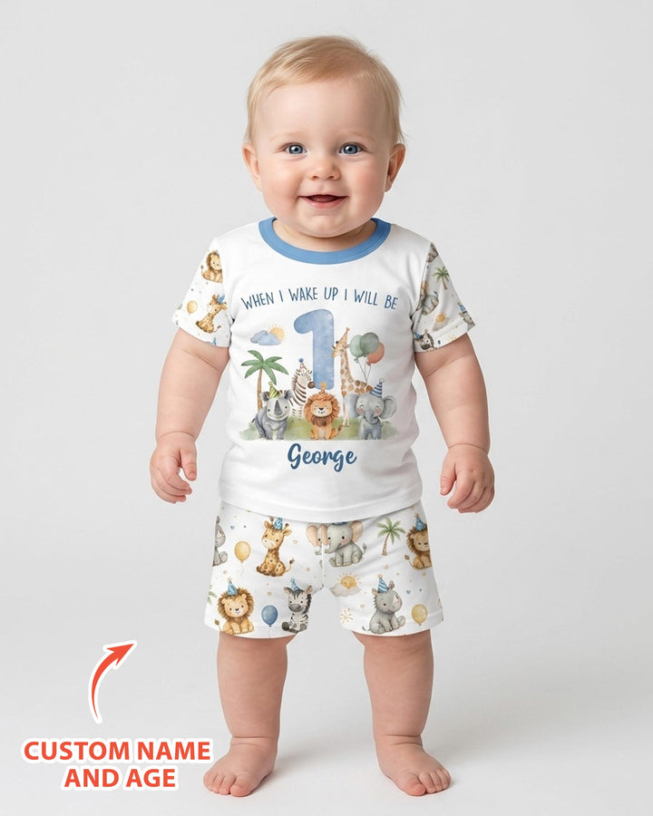 Custom Name Safari Animals When I Wake Up I Will Be Birthday Bamboo Two Piece Short Sleeve Shorts Pajama Set