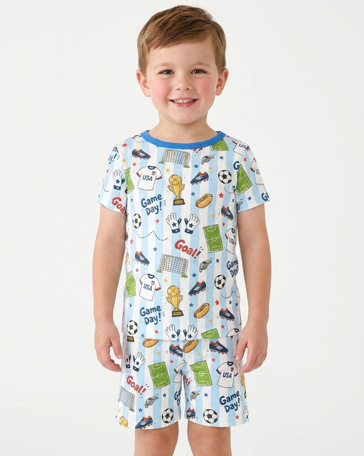 Striped Soccer Game Day Family Matching Bamboo Two Piece Short Sleeve Shorts Pajama Set