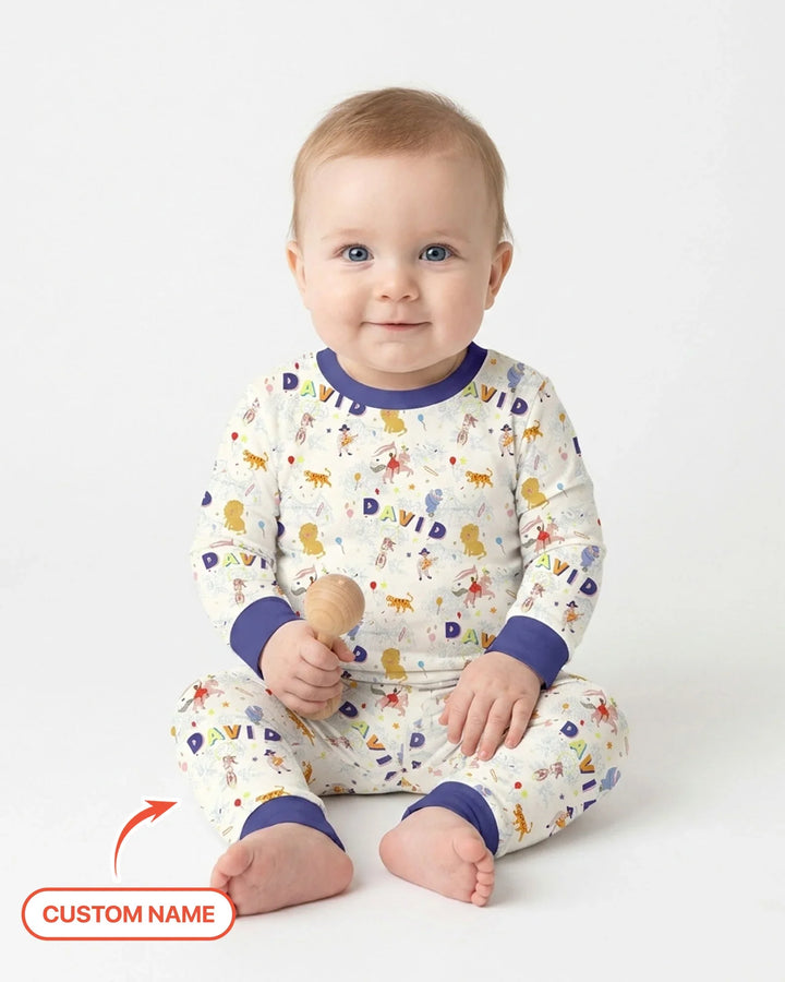 Custom Name Circus Toile Bamboo Two Piece Long Sleeve Pajama Set