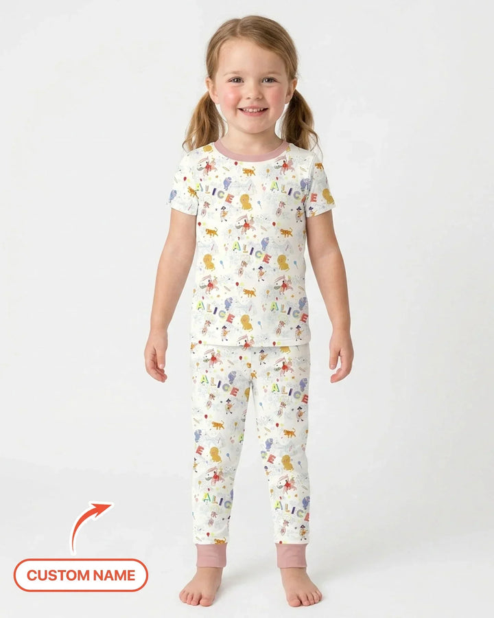 Custom Name Circus Toile Bamboo Two Piece Short Sleeve Pajama Set