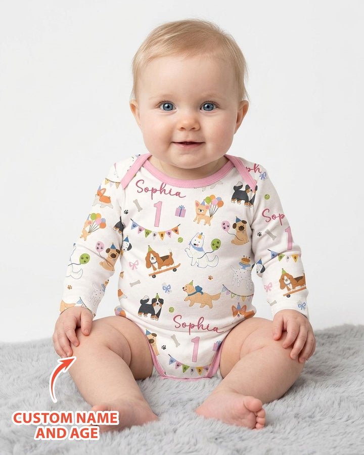 Custom Name Birthday Dogs Party Bamboo Bodysuit