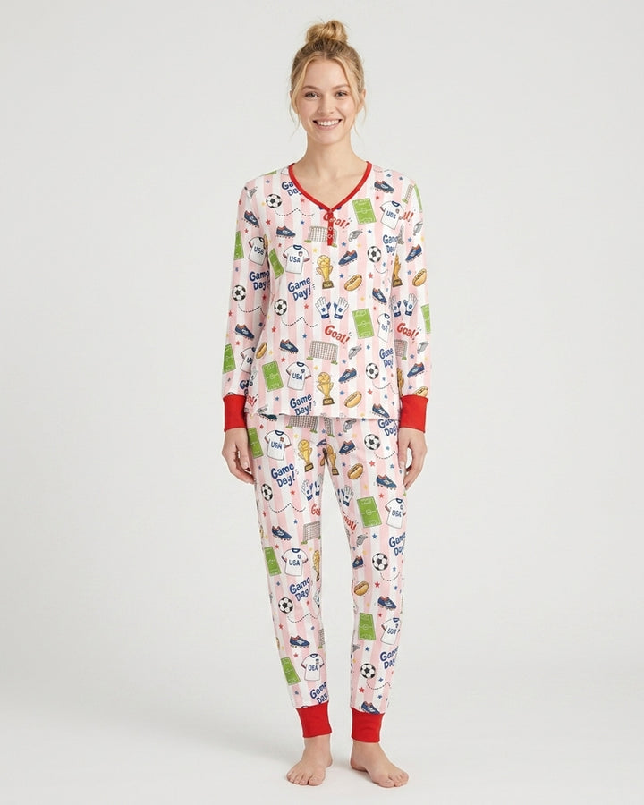 Striped Soccer Game Day Family Matching Bamboo Women Pajama Set