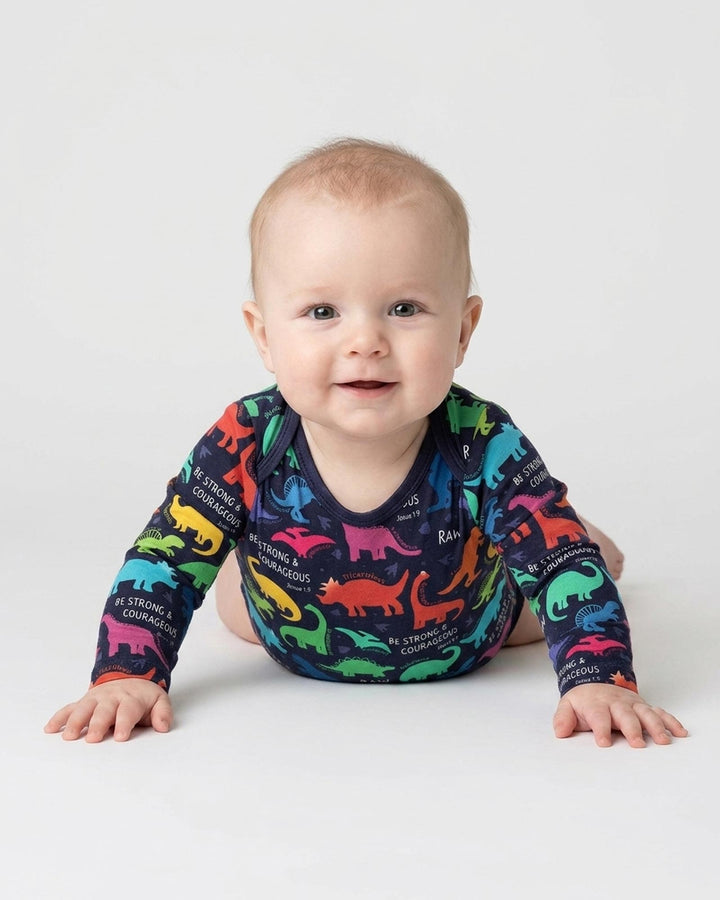 Be Strong and Courageous Dinosaur Christian Bamboo Bodysuit