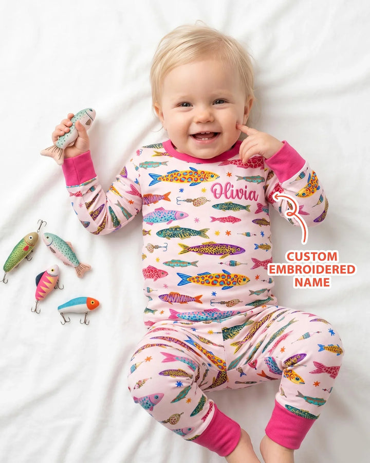 Custom Name Embroidered Colorful Fish Bamboo Two Piece Long Sleeve Pajama Set