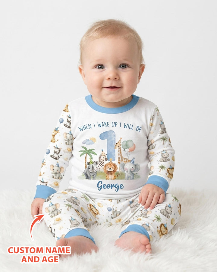 Custom Name Safari Animals When I Wake Up I Will Be Birthday Bamboo Two Piece Long Sleeve Pajama Set