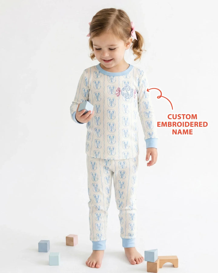 Custom Monogram Letter Embroidered Baby Bamboo Two Piece Long Sleeve Pajama Set