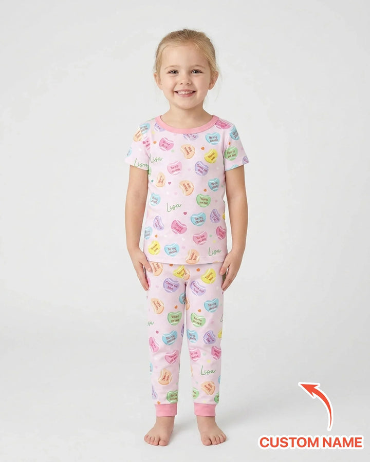 Custom Name Tennis Candy Hearts Bamboo Two Piece Short Sleeve Pajama Set