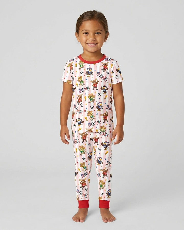 Striped Cute Mascots Soccer Cup 2026 Bamboo Two Piece Short Sleeve Pajama Set