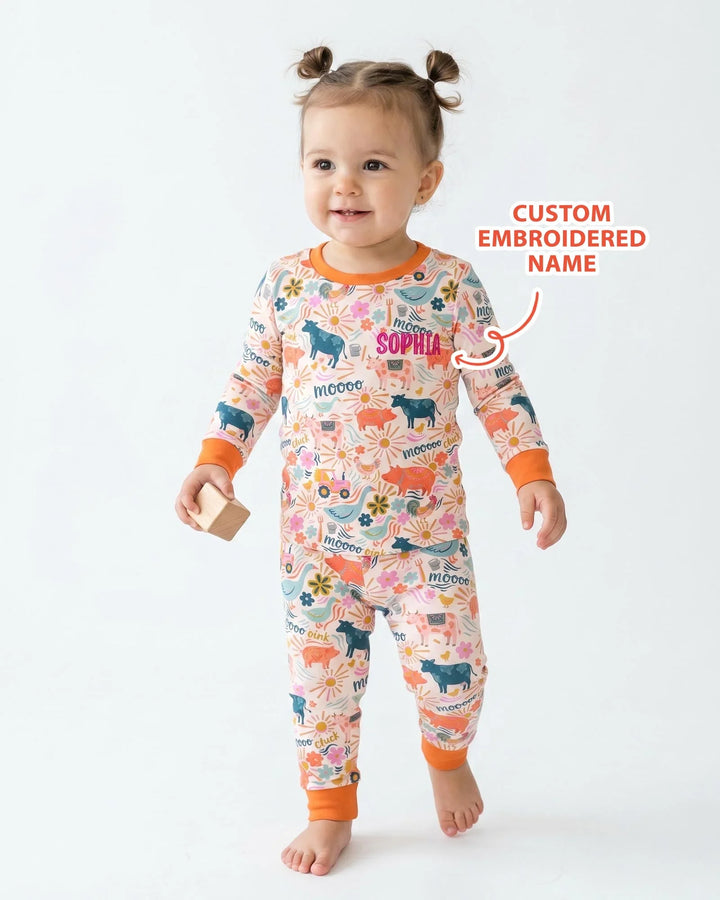 Custom Name Embroidered Colorful Farm Life  Bamboo Two Piece Long Sleeve Pajama Set