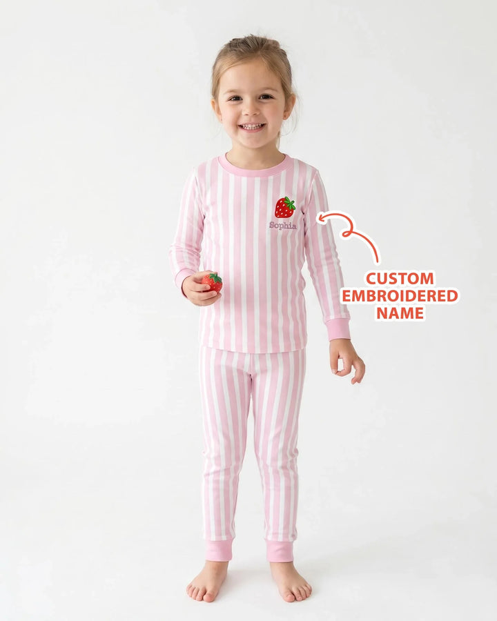 Personalized Embroidered Pink Stripes Baby Bamboo Two Piece Long Sleeve Pajama Set