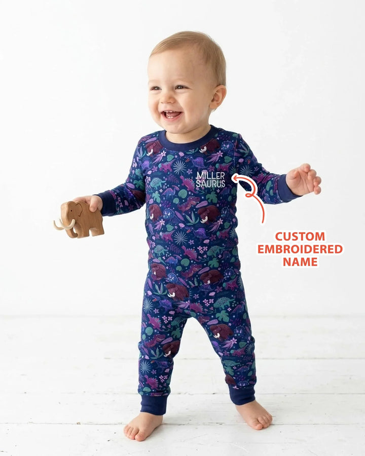 Custom Name Embroidered Dino Dream Night Bamboo Two Piece Long Sleeve Pajama Set