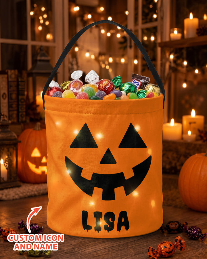 Halloween Pumpkin Face Custom Name Led Light Bucket Bag