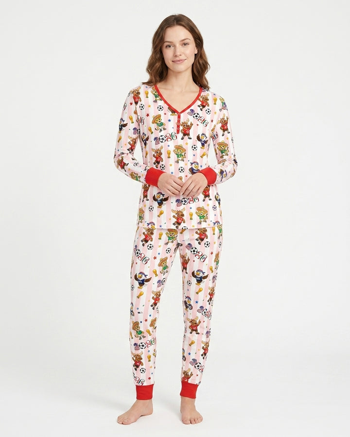 Striped Cute Mascots Soccer Cup 2026 Bamboo Women Pajama Set