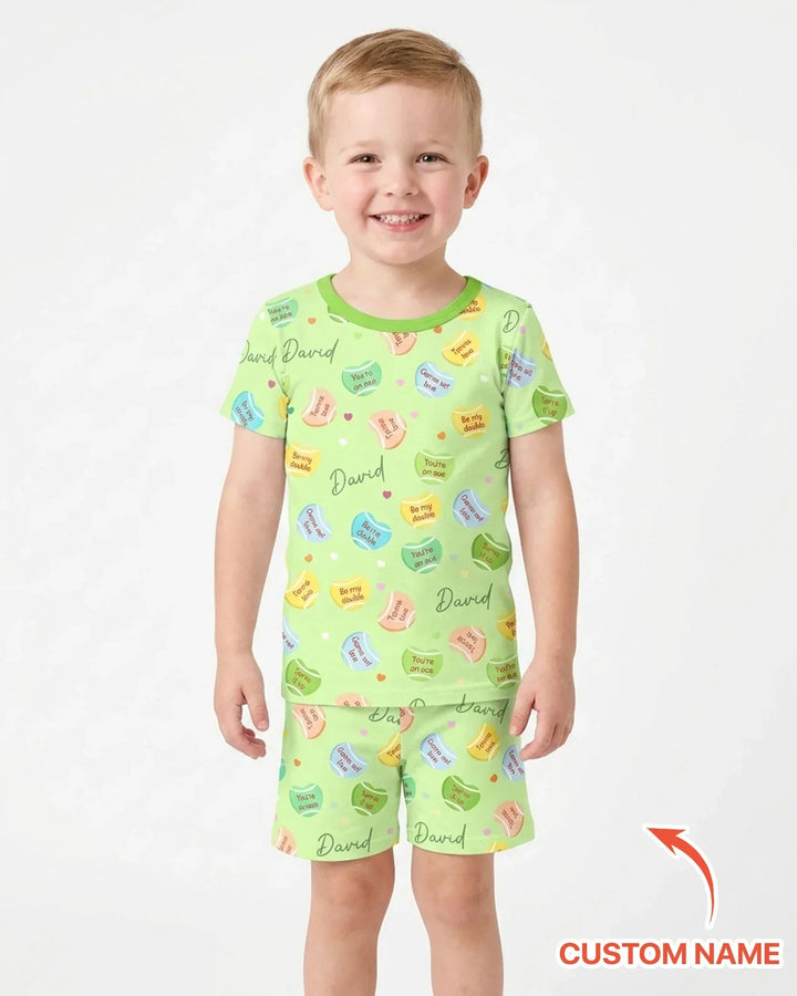 Custom Name Tennis Candy Hearts Bamboo Two Piece Short Sleeve Shorts Pajama Set